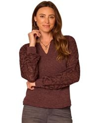Democracy - Petite Mandarin Collar Cable-knit Long-sleeve Half-placket Knit Top - Lyst