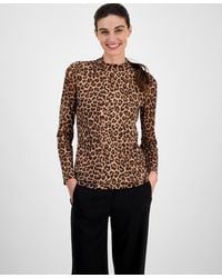Anne Klein - Animal Print Mesh Mock Neck Long-sleeve Top - Lyst