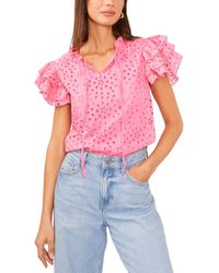 1.STATE - Eyelet Embroidered Cotton Tie Neck Short Flutter-sleeve Blouse - Lyst