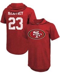 Majestic - Threads Christian Mccaffrey San Francisco 49ers Player Name And Number Tri-blend Short Sleeve Hoodie T-shirt - Lyst