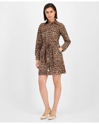 Anne Klein - Printed Tie-waist Long-sleeve Shirtdress - Lyst