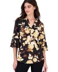 Kasper - Petite Floral-print Split-neck 3/4 Flutter-sleeve Tunic - Lyst