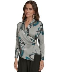 Donna Karan - Petites Long-sleeve Printed Shawl-collar Blouse - Lyst