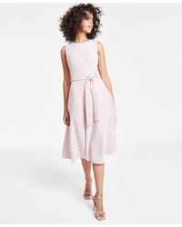 Calvin Klein - Jewel-neck Sleeveless Belted Tweed Midi Dress - Lyst