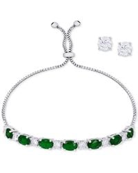 Macy's - Simulated Emerald Slider Bracelet & Cubic Zirconia Stud Earrings Set In Silver-plate, May Birthstone - Lyst