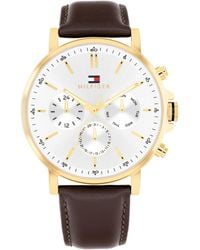 Tommy Hilfiger - Multifunction Brown Leather Strap Watch - Lyst