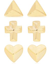 Link Up Link Up 3-piece Set Triangle, Cross And Heart Stud Earrings In 18k Gold Over Sterling Silver - Metallic