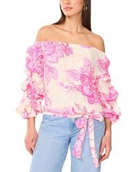 Vince Camuto - Floral Linen-blend Off-the-shoulder Bubble 3/4-sleeve Tie-front Blouse - Lyst