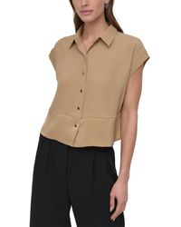 DKNY - Petite Reverse-satin-trim Cap-sleeve Blouse - Lyst
