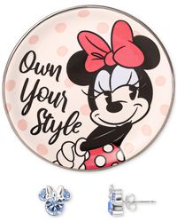 Disney Minnie Mouse Crystal Stud Earrings In Sterling Silver & "own Your Style" Bonus Trinket Dish - Pink