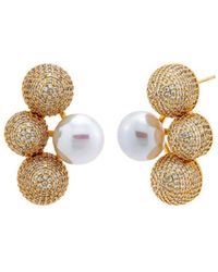 By Adina Eden - Pave Triple Ball X Imitation Pearl On The Ear Stud Earring - Lyst