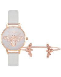 Olivia Burton - Sparkle Bee Gray Leather Strap Watch 30mm Gift Set - Lyst