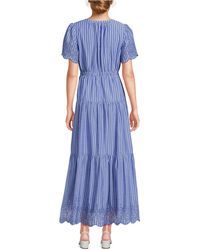 Lands' End Tiered Cotton Poplin Embroidered Maxi Dress in Blue | Lyst