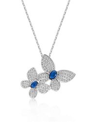 Genevive Jewelry - Sterling Silver White Gold Plated Blue & Cubic Zirconia Double Fluttering Butterfly Pendant Necklace - Lyst