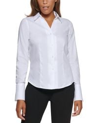 Calvin Klein - Petite Cotton Collared Button-down Blouse - Lyst