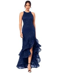 Betsy & Adam - Sequined Lace Ruffle-hem Gown - Lyst