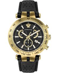 Versace - Swiss Chronograph Bold Black Perforated Leather Strap Watch 46mm - Lyst