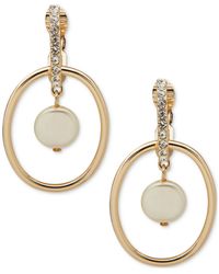 Anne Klein - Gold-tone Pave & Imitation Pearl Disc Orbital Clip-on Drop Earrings - Lyst