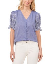 Cece - Cotton Floral Puff Sleeve V-neck Blouse - Lyst