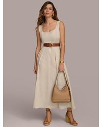Donna Karan - Belted Linen-blend Sleeveless Fit & Flare Dress - Lyst