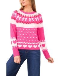 Cece - Heart And Bow Fair Isle Crewneck Sweater - Lyst