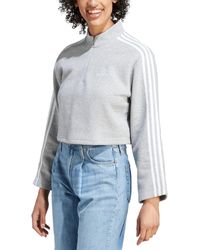 adidas - Fleece Quarter-zip 3-striped Cropped Sweatshirt - Lyst