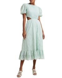 French Connection - Esse Eyelet Cutout Puff-sleeve Cotton Midi Dress - Lyst