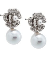 By Adina Eden - Pave Dangling Flower Imitation Pearl Stud Earring - Lyst
