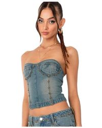 Edikted - Studded Washed Denim Lace Up Corset Top - Lyst