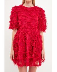 Endless Rose - Gridded Mesh Feathered Puff Sleeve Mini Dress - Lyst