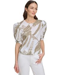 DKNY - Voile Printed Puff-shoulder Woven Crewneck Top - Lyst