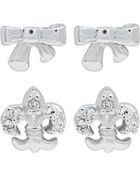 Link Up Link Up 2-piece Set Bow And Fleur-de-lis Sterling Silver Stud Earrings - Metallic