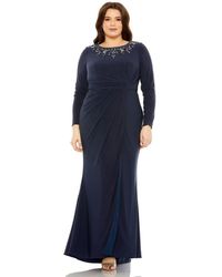 Mac Duggal - Plus Size Long Sleeve Embellished Neckline Jersey Gown - Lyst