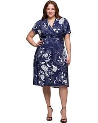 24seven Comfort Apparel - Plus Size Print Short Sleeve Knee Length V-neck Wrap Dress - Lyst