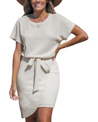 CUPSHE - Beige Round Neck Short Sleeve Asymmetrical Hem Mini Beach Dress - Lyst