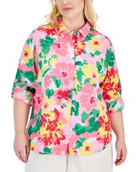 Charter Club - Plus Size Linen Floral-print Roll-tab Shirt - Lyst