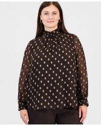 Anne Klein - Plus Size Long-sleeve Shirred-collar Keyhole-front Blouse - Lyst