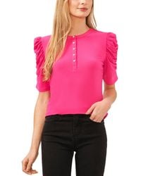 Cece - Ruched Puff-sleeve Henley Knit Top - Lyst