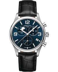 Certina - Swiss Chronograph Ds-8 Moon Phase Black Leather Strap Watch 42mm - Lyst