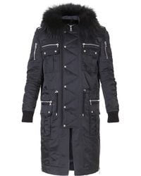 Balmain Buttoned Parka Coat With Fur Hood - Black