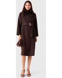 Maje - Long Coat With Faux Fur Collar - Lyst