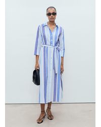 Mango - Striped Linen Dress With Belt - Lyst