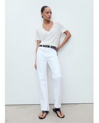 Mango - T-Shirt Lin Col V Blanc Cassé - Lyst