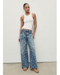 Mango - Jeans Wideleg Ricamato Con Fiori Blu Medio - Lyst