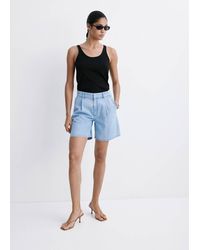Mango - Mid-Rise Denim Bermuda Shorts With Pleats - Lyst