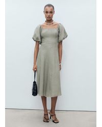 Mango - Puffed-Sleeve Linen Dress - Lyst
