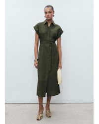 Mango - Linen And Lyocell-Blend Shirt Dress With Belt Khaki - Lyst