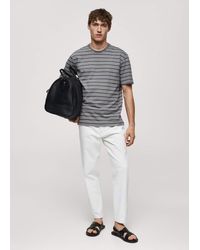 Mango - Striped Cotton Linen-blend T-shirt Petrol - Lyst