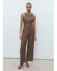 Mango - Linen Jumpsuit With Polka-Dots And Belt Chocolate - Lyst