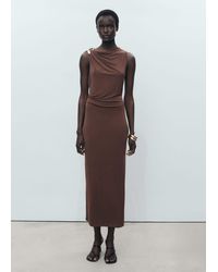 Mango - Draped Dress With Metallic Detail Chocolate - Lyst